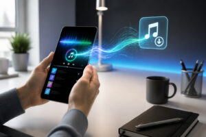 Mains tenant un smartphone avec interface musicale