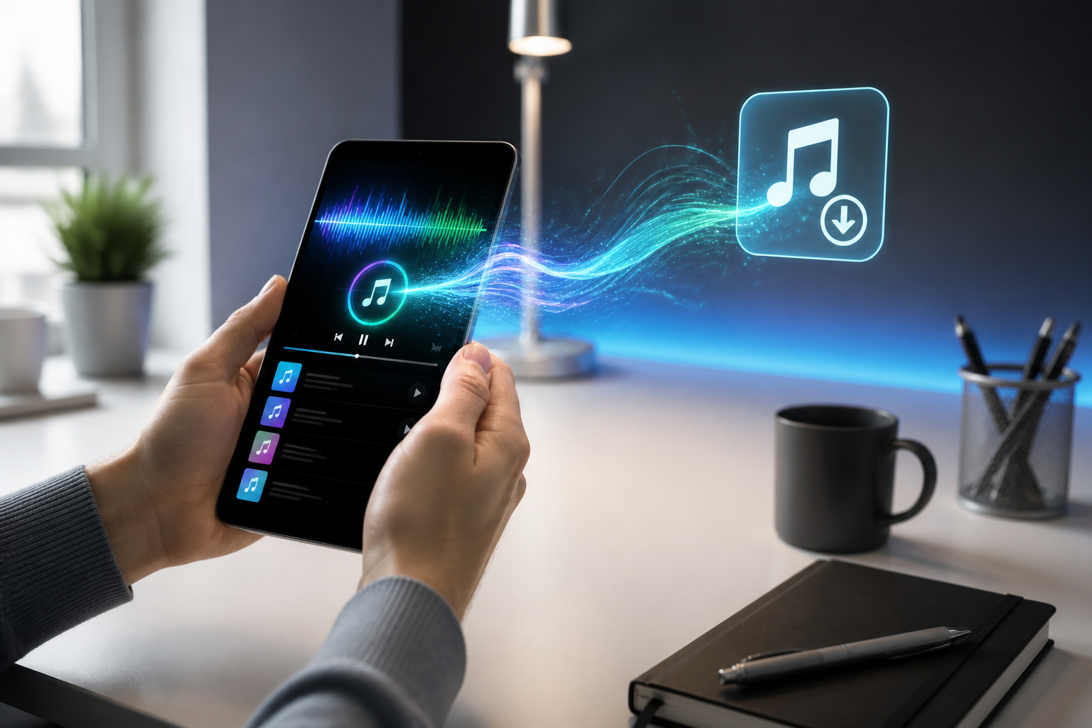 Mains tenant un smartphone avec interface musicale